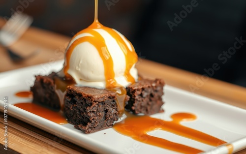 A scoop of vanilla ice cream drizzled with caramel sauce is served on top of a brownie photo