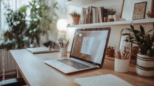 Wallpaper Mural A serene home office setup featuring a sleek laptop, surrounded by greenery and organized stationary, bathed in natural light. Torontodigital.ca