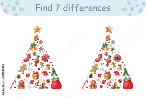 Christmas find differences game for kids Festive preschool activity with Christmas tree from winter elements