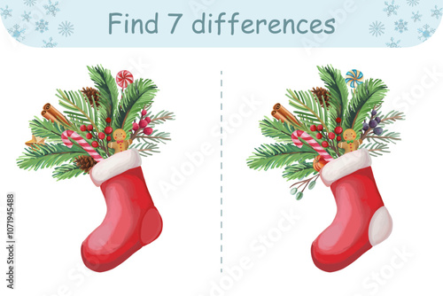 Christmas find differences game for kids Festive preschool activity with Christmas red sock and fir tree branches