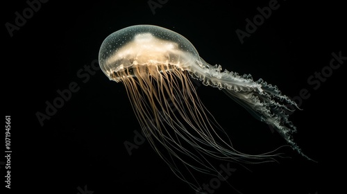 A luminous jellyfish gracefully drifts in the dark ocean, its delicate tentacles trailing like a ghostly veil. photo