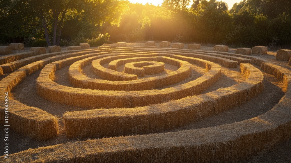 Golden light bathes a straw labyrinth, casting long shadows and creating an enchanting sunlit maze in nature's quiet embrace. Golden light bathes a straw labyrinth, casting long shadows and creating an enchanting sunlit maze in nature's quiet embrace.