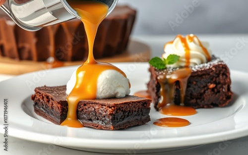 Caramel sauce is poured over a brownie with whipped cream, creating a decadent dessert photo