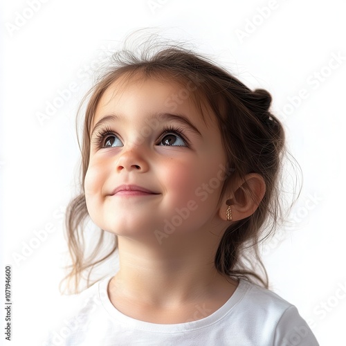 Hopeful child looking up, eyes filled with optimism, gentle smile, isolated on white background