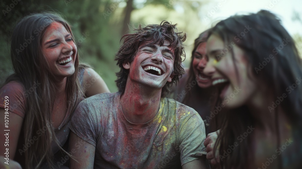 Obraz premium A group of friends bursts into laughter, their clothes covered in vibrant colors, embodying joy and camaraderie outdoors.