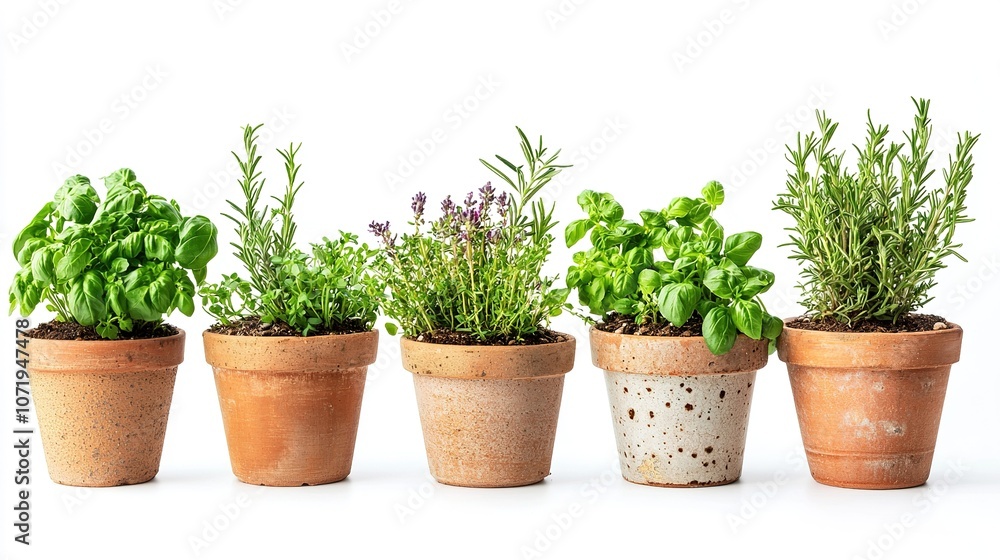 Collection of Fresh Herbs in Pots Isolated on White Background, Showcasing Basil, Rosemary, Lavender, Oregano, and Other Aromatic Plants for Culinary Use Collection of Fresh Herbs in Pots Isolated on White Background, Showcasing Basil, Rosemary, Lavender, Oregano, and Other Aromatic Plants for Culinary Use