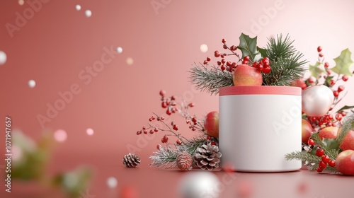 Festive Holiday Gift Box Surrounded by Christmas Decor, Including Snowy Pine Cones, Red Apples, and Winter Greenery on a Soft Pink Background