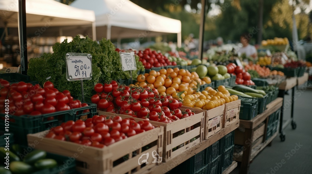 A vibrant market stall overflows with fresh produce, bursting with color and life amid the bustling atmosphere of a lively outdoor market. A vibrant market stall overflows with fresh produce, bursting with color and life amid the bustling atmosphere of a lively outdoor market.