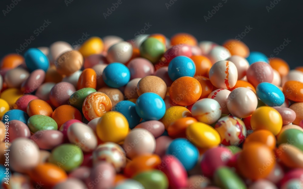 A close-up of colorful candies in a pile on a black surface A close-up of colorful candies in a pile on a black surface