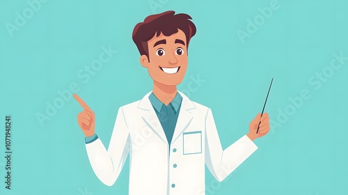 Smiling young male scientist in a lab coat presenting engagingly with a pointer. photo