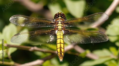 A colorful dragonfly rests on foliage, showcasing its intricate wings and vibrant body against a natural green backdrop.