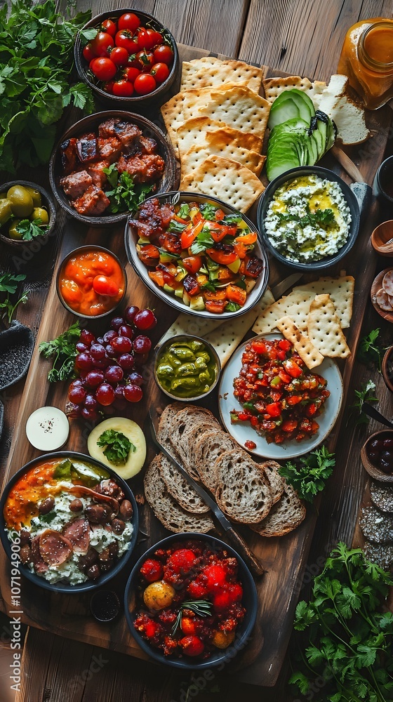 A vibrant spread of Mediterranean-inspired appetizers with various dips and breads. A vibrant spread of Mediterranean-inspired appetizers with various dips and breads.