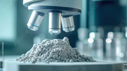 Cement particles under microscope reveal intricate details of material structure, showcasing fine texture and composition. image captures scientific exploration of cement