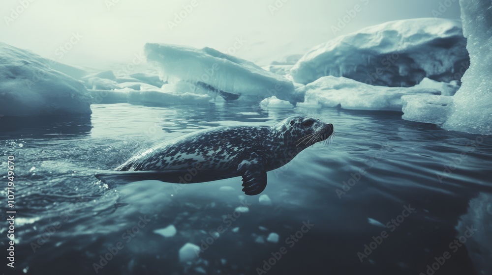 Fototapeta premium A lone seal swims in icy waters, surrounded by majestic icebergs, embodying the raw beauty and solitude of the Arctic.