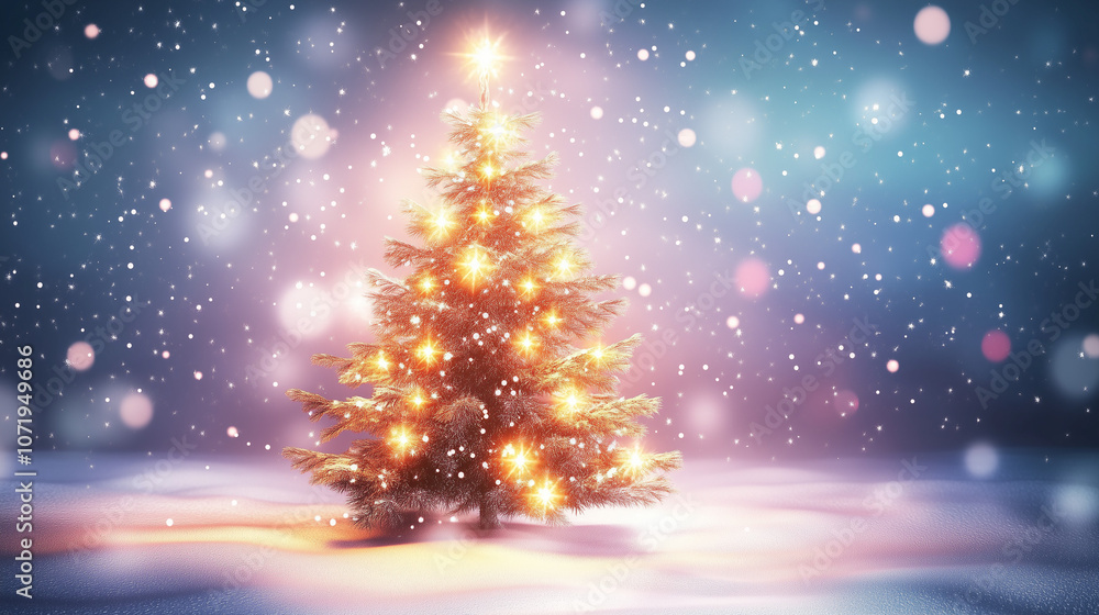 Obraz premium Copy Space Banner: Shiny Christmas Tree with Glowing Lights on Blurred Winter Background