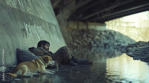 A man and his dog rest under a bridge near a stream, sheltered by graffiti-covered concrete walls, capturing a moment of quiet companionship.