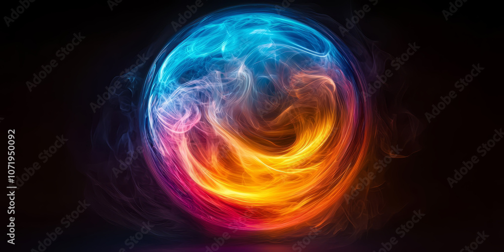 Abstract iridescent sphere with swirling colors, glowing softly against a pitch-black background Abstract iridescent sphere with swirling colors, glowing softly against a pitch-black background