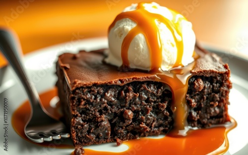 A close-up of a decadent brownie topped with vanilla ice cream and a caramel drizzle photo