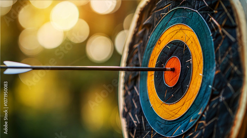 Close-up of an arrow hitting the center of a colorful target at sunset. photo