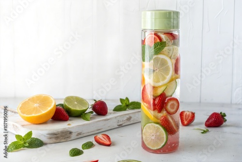 Refreshing fruit-infused water with strawberries, lime, and mint in a stylish container. photo