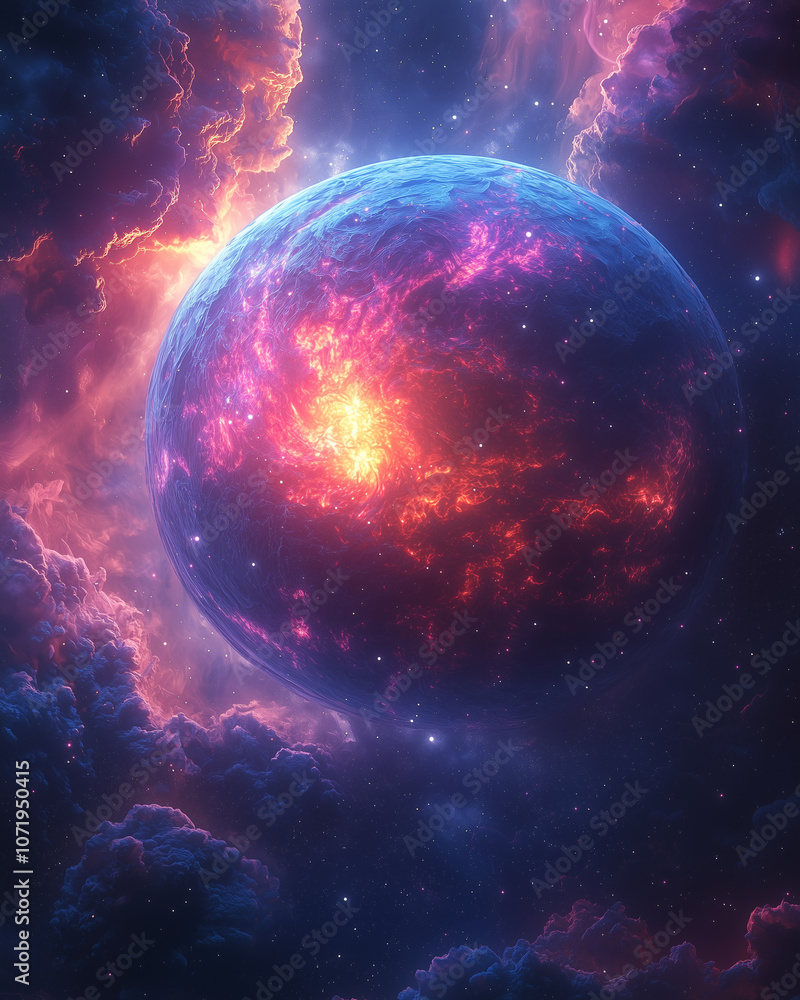 Obraz premium titanic planet radiates intense heat, veiled by cosmic clouds in a vivid celestial tableau