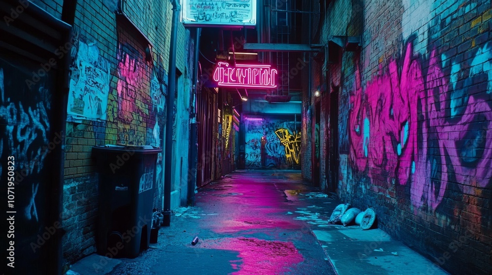 Obraz premium A gritty urban alleyway is vividly lit by neon pinks and blues, with graffitied walls and scattered debris, creating a moody, cyberpunk atmosphere.