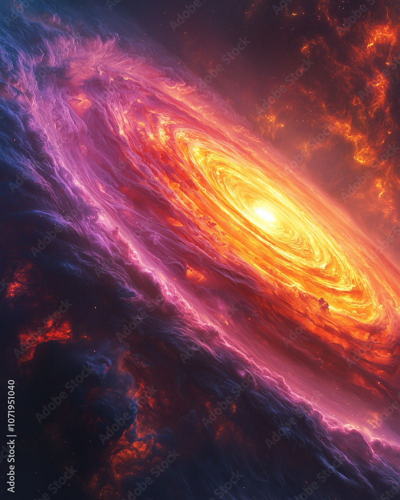 Fototapeta premium fiery spiral galaxy swirls in vibrant hues against the cosmic backdrop of deep space