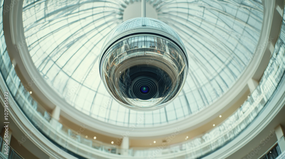 Fototapeta premium dome CCTV camera capturing panoramic view of modern atrium. camera hangs from glass ceiling, showcasing architectural elegance and security technology