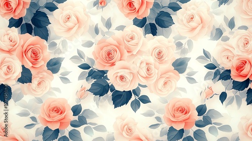 Elegant floral pattern with pink roses and leaves photo