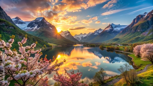 panoramic spring view of Alnesdalen valley at sunset with mountain, lake and dramatic sky in More og Romsdal, Norway, Europe  photo