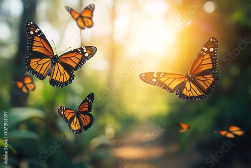 Monarch Butterflies Flying in Sunlight Forest