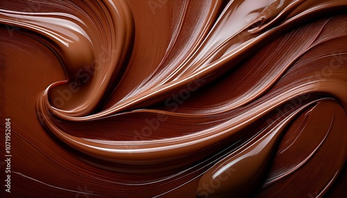 Rich creamy melted chocolate swirl texture. luscious, artistic curves create indulgence & pleasure. Brown liquid chocolatey wave background photo