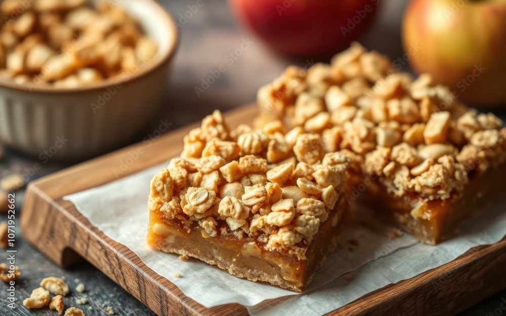 Apple crumble bars on a wooden tray with parchment paper, perfect for a fall snack Apple crumble bars on a wooden tray with parchment paper, perfect for a fall snack