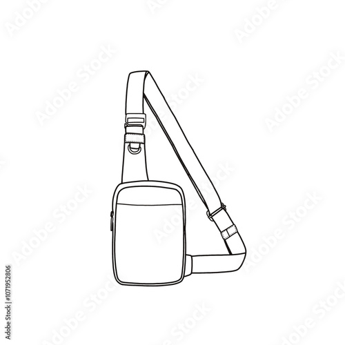 Small sling bag for men and women cross body sling chest bag for travel and hiking line art. Outline vector doodle illustration front view. Isolated on a white background