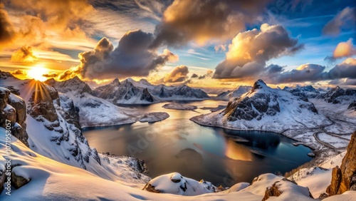 peaceful panorama sunset, winter snow mountain with dramatic sky, idyllic calm fjords, lakes and mountains, Hermannsdalstinden, Lofoten, Nordland, Norway, Europe photo