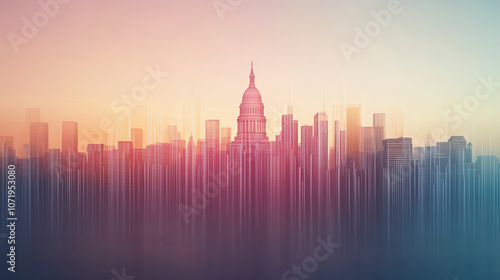 A dreamy cityscape featuring a prominent dome structure surrounded by skyscrapers, with a soft, blurred effect and warm sunset hues.