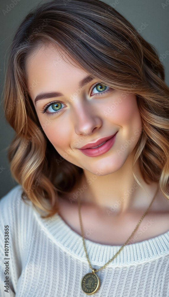 Naklejka premium Portrait of attractive young woman with long curly brown hair in white low-cut sweater smiling tenderly at camera with silver necklace against minimalistic interior background.