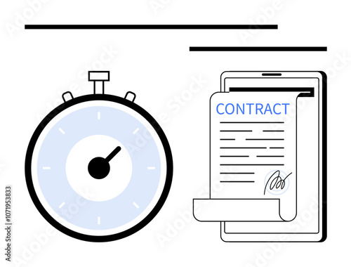 Stopwatch and tablet with contract signature. Ideal for business, time management, legal agreements, digital contracts, productivity, efficiency, technology. Line metaphor