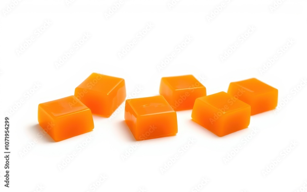 Six orange chewy candies are arranged in a row on a white surface Six orange chewy candies are arranged in a row on a white surface