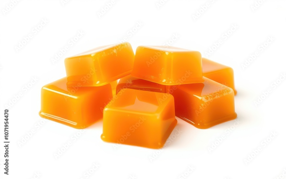 A close-up shot of several square caramel candies, displayed on a white background A close-up shot of several square caramel candies, displayed on a white background