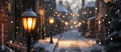 Experience the serene beauty of soft snowfall in a warmly lit village street