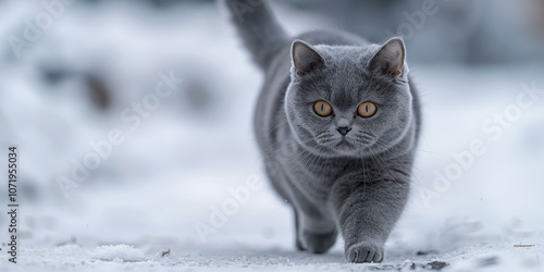 A gray British shorthair cat walking in the snow photo