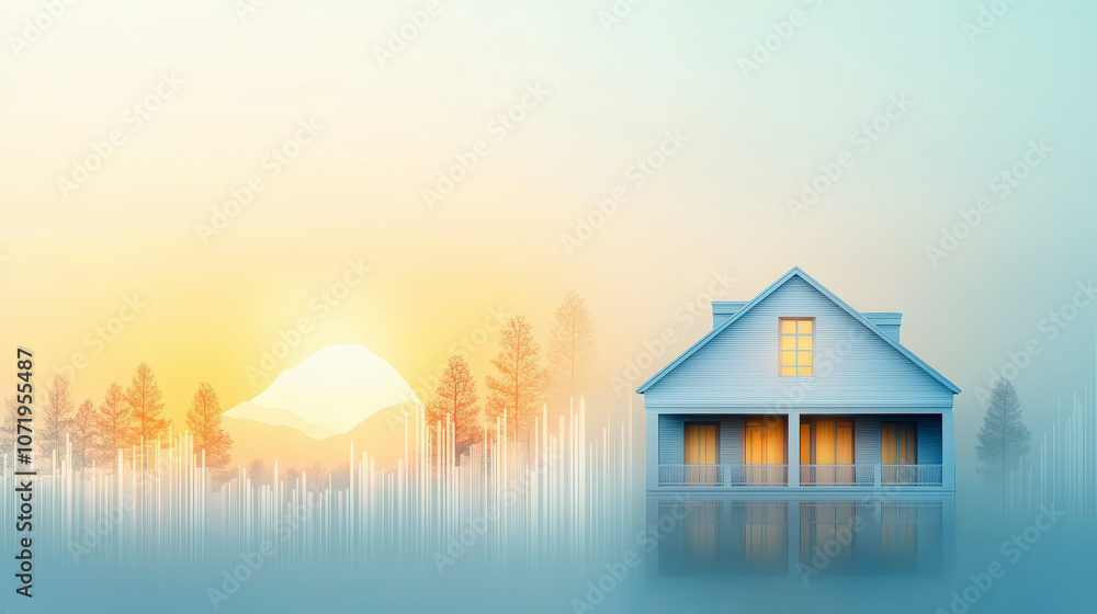 A serene digital landscape featuring a house, sunrise, and trees, symbolizing harmony between technology and nature with an abstract waveform element. A serene digital landscape featuring a house, sunrise, and trees, symbolizing harmony between technology and nature with an abstract waveform element.
