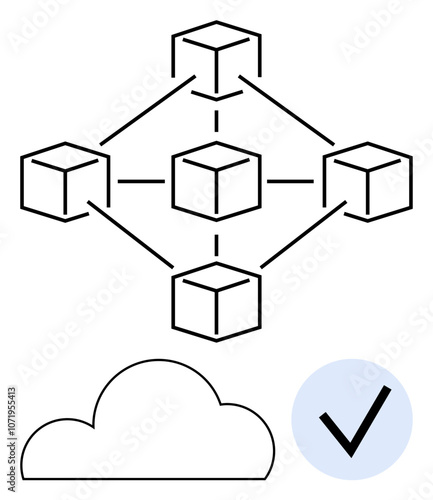 Interconnected cubes form a network structure beside a cloud storage icon and a checkmark. Ideal for cloud computing, network design, data storage, blockchain, connectivity solutions, digital