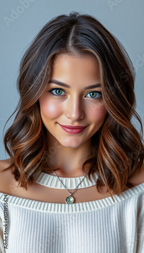 Portrait of attractive young woman with long curly brown hair in white low-cut sweater smiling tenderly at camera with silver necklace against minimalistic interior background.