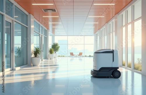 Autonomous cleaning robot on white floor in a hall. Modern and efficient nature of the technology. Sunlit public area