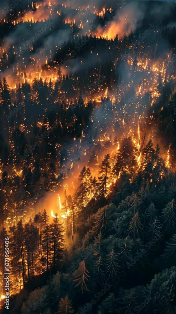 Forest wildfire at night with dense smoke and flames, aerial view. Environmental disaster and climate change concept Forest wildfire at night with dense smoke and flames, aerial view. Environmental disaster and climate change concept