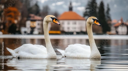 Two swans float quietly on the lake, surrounded by thick fog. The lake is like a mirror, reflecting the blurred distant mountain, adding to the quiet and lonely atmosphere.  photo