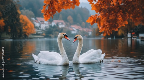 Two swans float quietly on the lake, surrounded by thick fog. The lake is like a mirror, reflecting the blurred distant mountain, adding to the quiet and lonely atmosphere.  photo