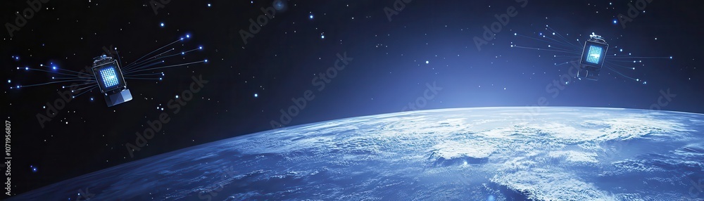 Fototapeta premium A stunning view of Earth from space, illuminated with blue tones, surrounded by satellite-like objects orbiting in the vastness of the universe.